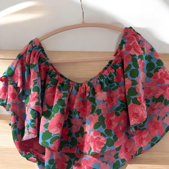 Sugarlips Tops - Sugarlips Pink and Orange Off-Shoulder Ruffled Cropped Blouse